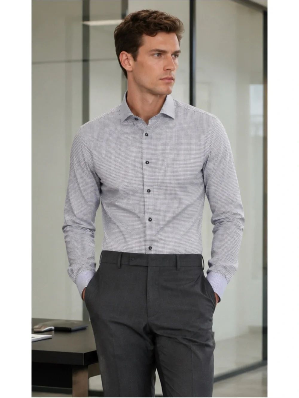 Boss H-HANK Spread Slim Fit Stretch Dress Shirt ~Blue Micro Check Size 15.5 39